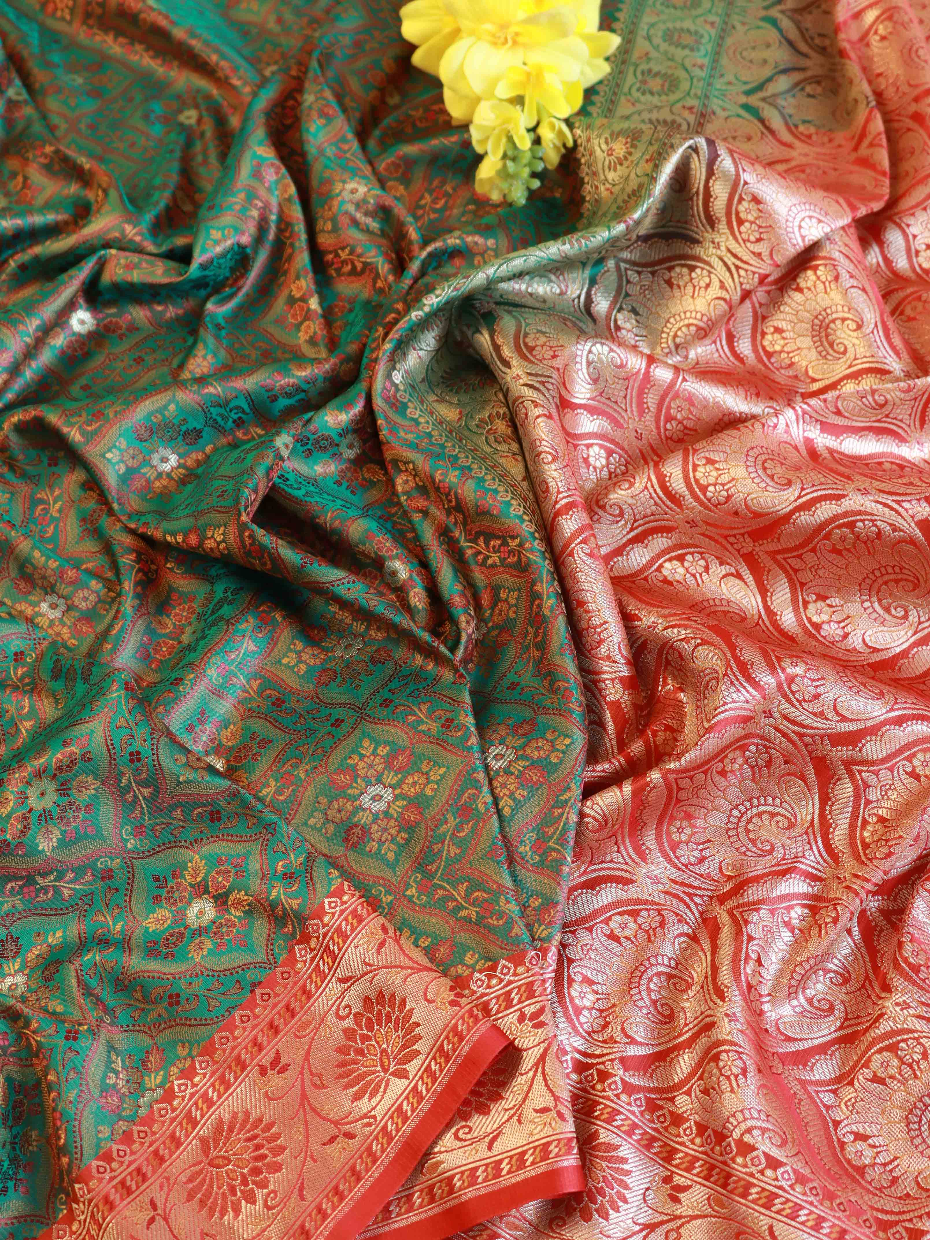 Banarasee Handwoven Semi-Katan Tanchoi Weaving Floral Border Saree-Green & Red