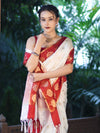 Banarasee Handloom Semi Silk Saree With Buti Design & Contrast Border-White & Maroon