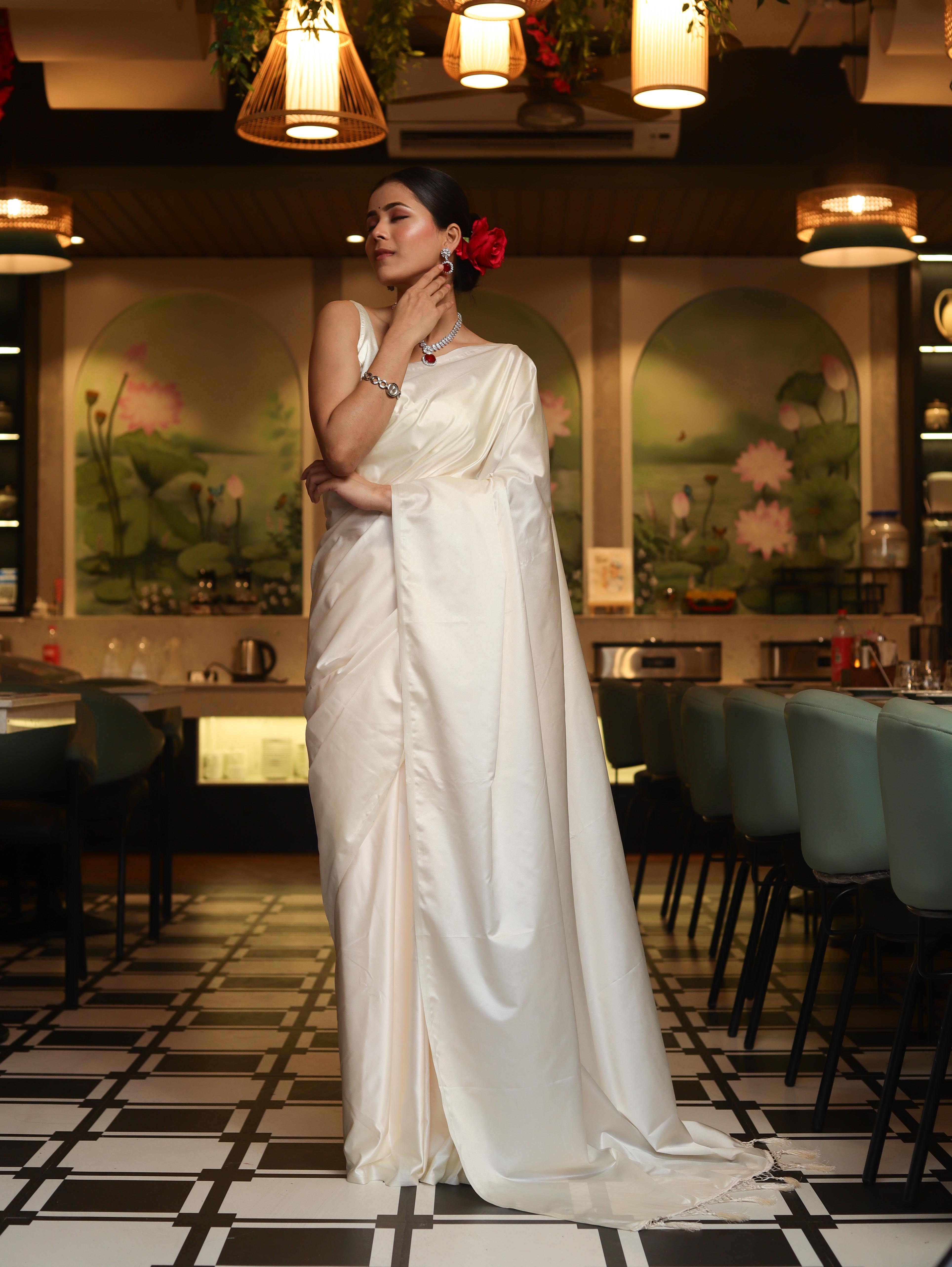 Banarasee Handloom Plain Mashru Silk Saree-Off White