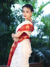 Banarasee Handloom Semi Silk Saree With Buti Design & Contrast Border-White & Maroon