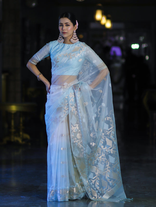Banarasee Dual Color Organza Mix Saree With Resham & Zari Work-Light Blue & White