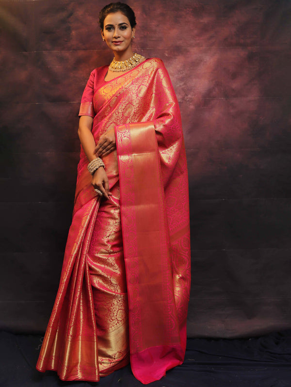 Banarasee Handwoven Semi Silk Saree With Heavy Zari Jaal Design-Pink