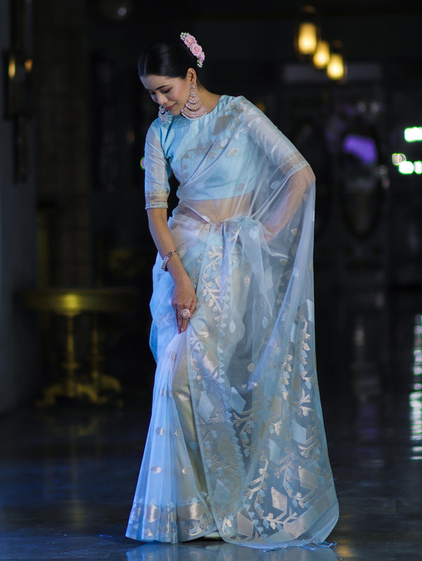 Banarasee Dual Color Organza Mix Saree With Resham & Zari Work-Light Blue & White