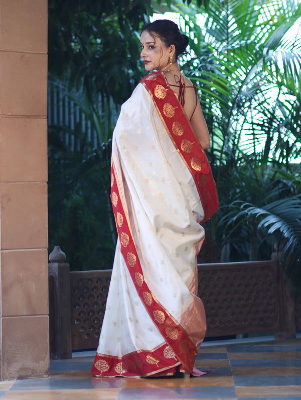 Banarasee Handloom Semi Silk Saree With Buti Design & Contrast Border-White & Maroon