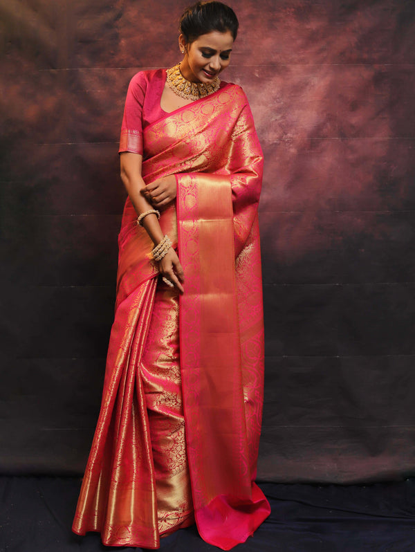 Banarasee Handwoven Semi Silk Saree With Heavy Zari Jaal Design-Pink
