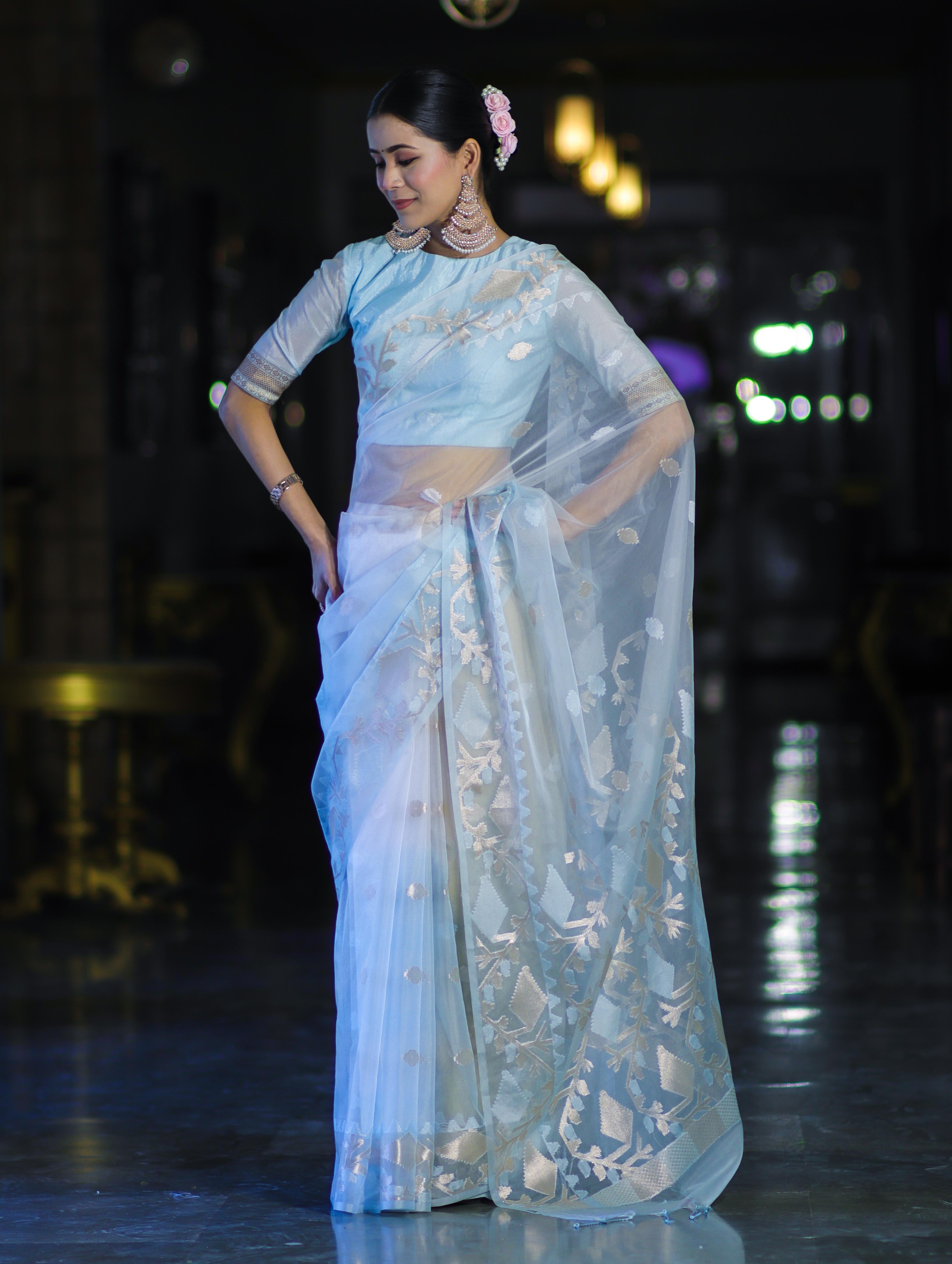 Banarasee Dual Color Organza Mix Saree With Resham & Zari Work-Light Blue & White