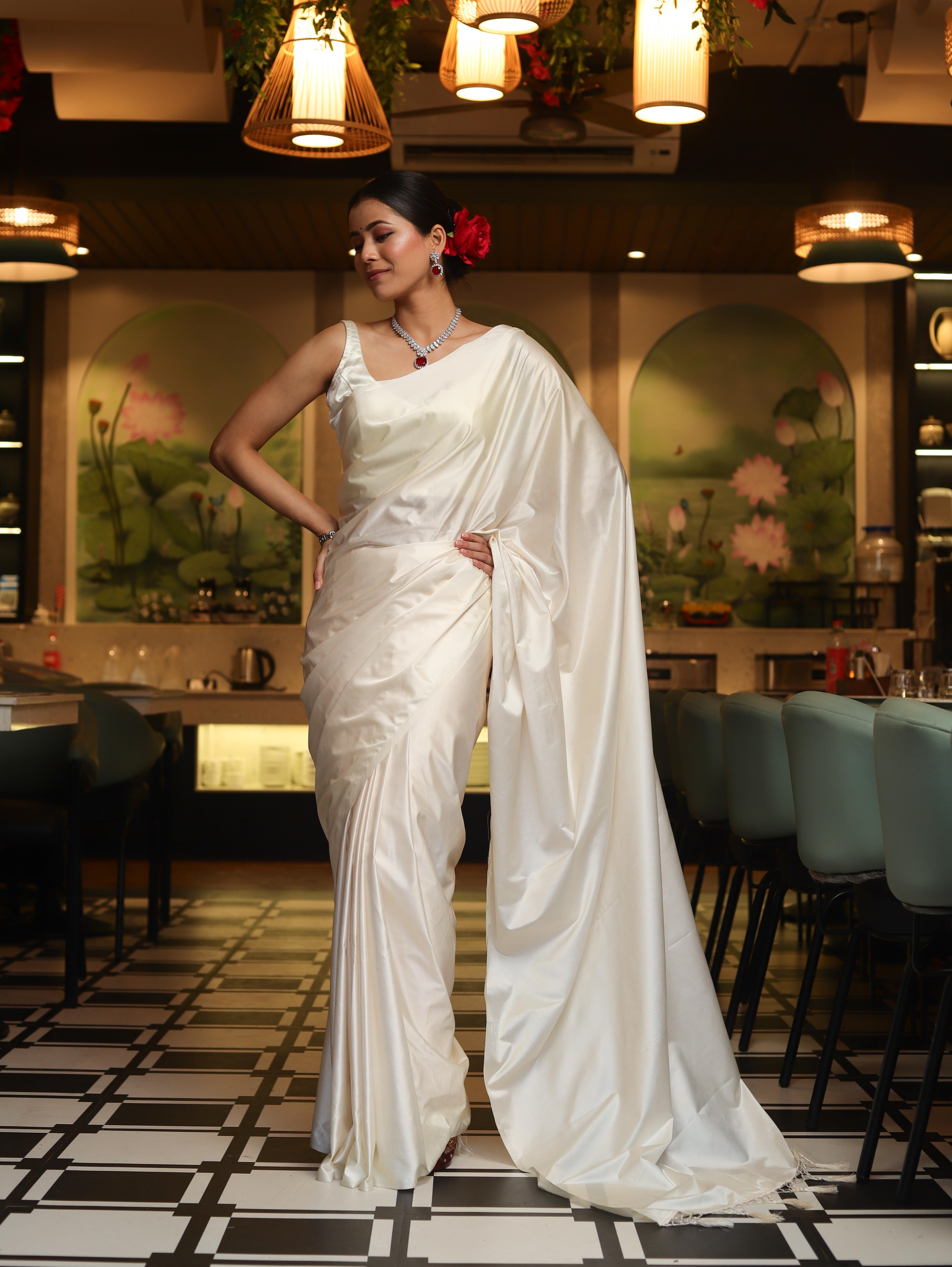 Banarasee Handloom Plain Mashru Silk Saree-Off White