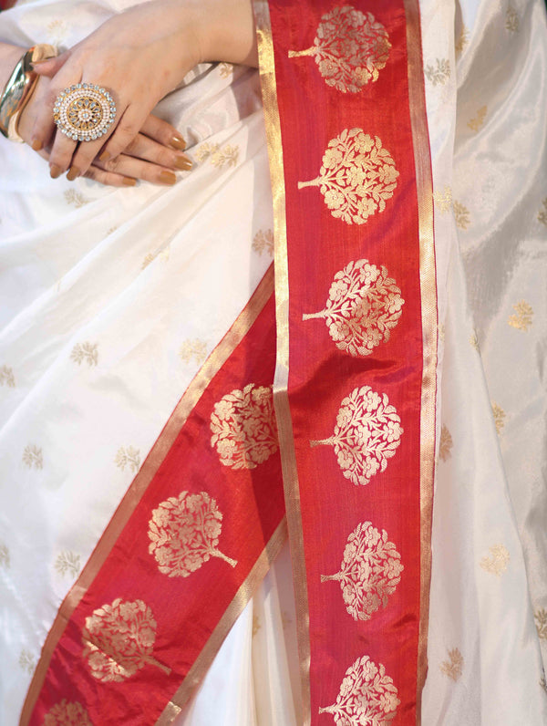 Banarasee Handloom Semi Silk Saree With Buti Design & Contrast Border-White & Maroon