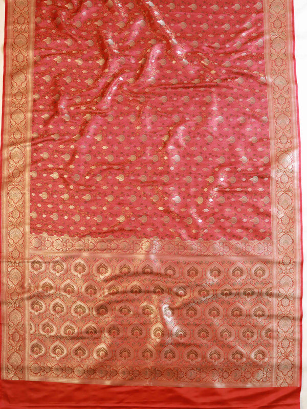 Banarasee Handwoven Semi-Katan Tanchoi Weaving Floral Border Saree-Red
