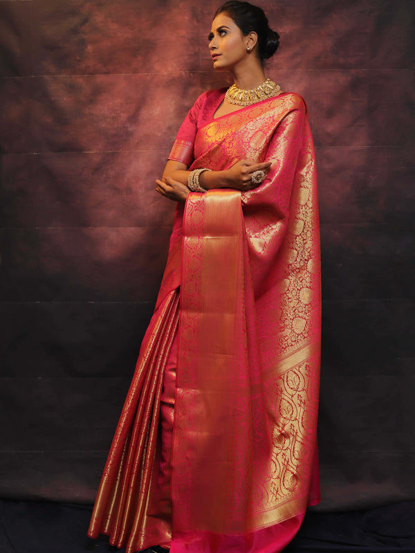 Banarasee Handwoven Semi Silk Saree With Heavy Zari Jaal Design-Pink