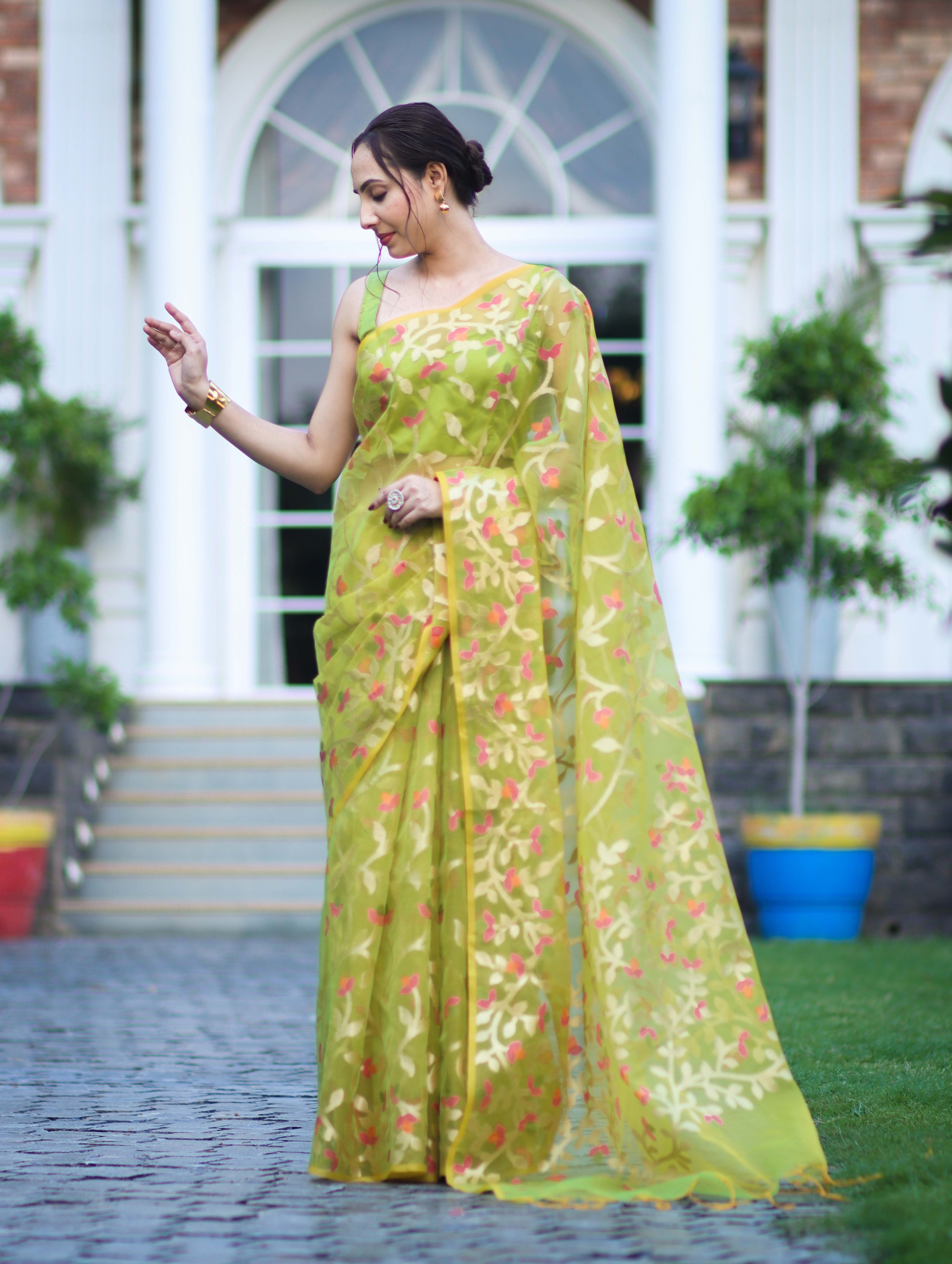 Banarasee Handloom Organza Mix Saree With Zari Woven Design-Light Green