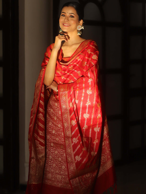 Banarasee Semi Katan Silk Salwar Kameez Fabric With Dupatta Zari Work-Red