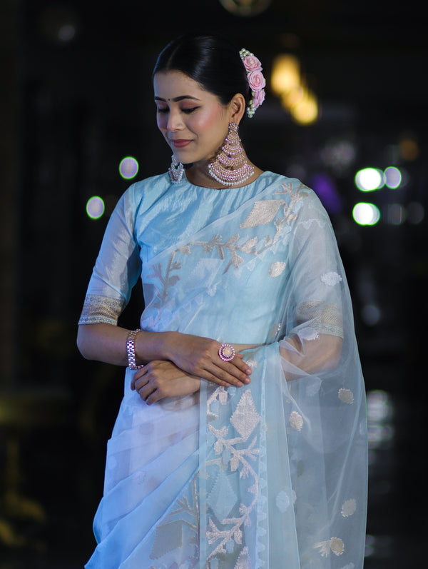 Banarasee Dual Color Organza Mix Saree With Resham & Zari Work-Light Blue & White