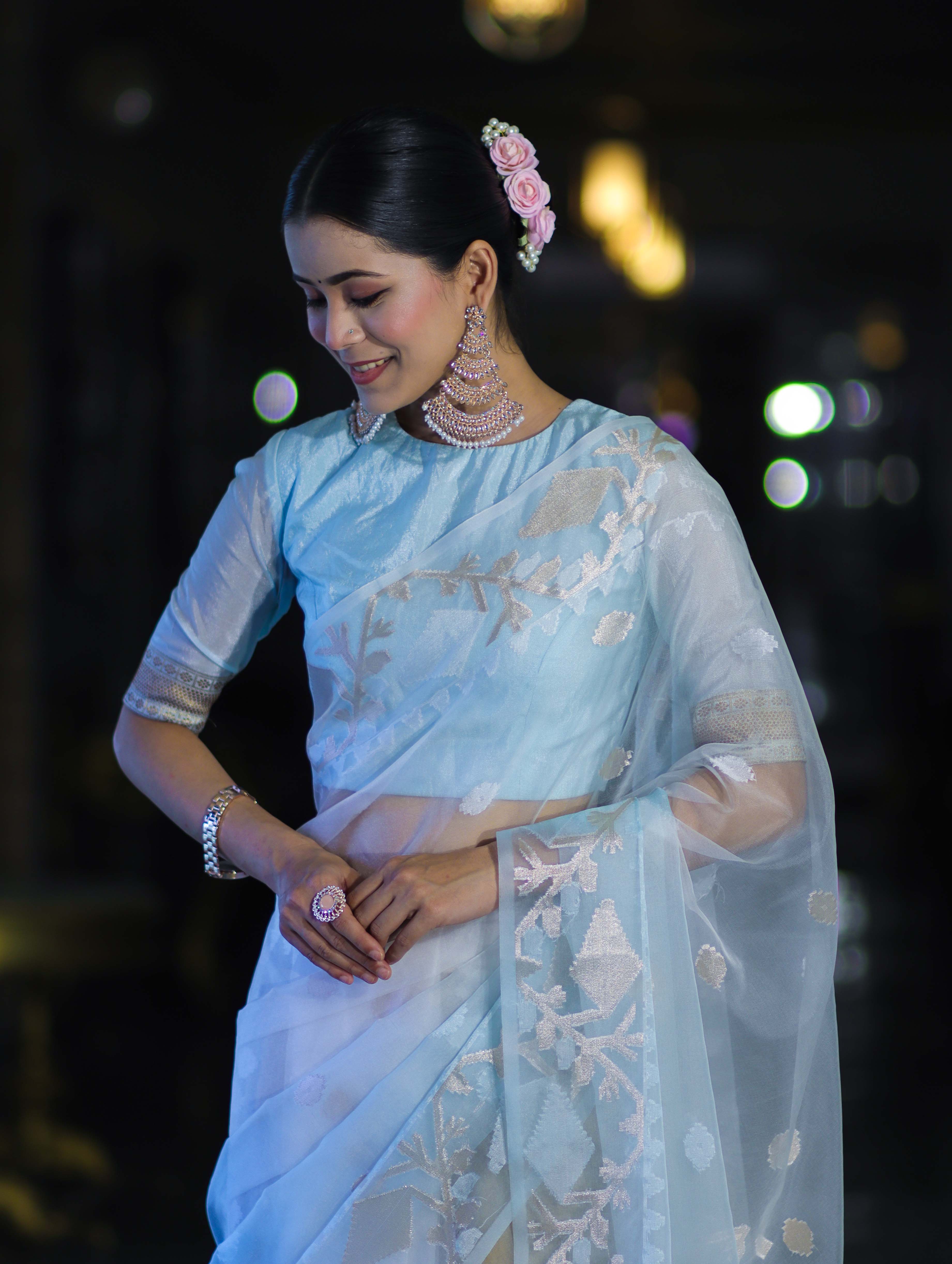 Banarasee Dual Color Organza Mix Saree With Resham & Zari Work-Light Blue & White