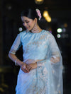 Banarasee Dual Color Organza Mix Saree With Resham & Zari Work-Light Blue & White