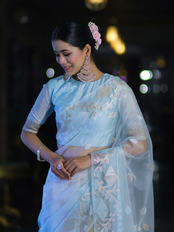 Banarasee Dual Color Organza Mix Saree With Resham & Zari Work-Light Blue & White