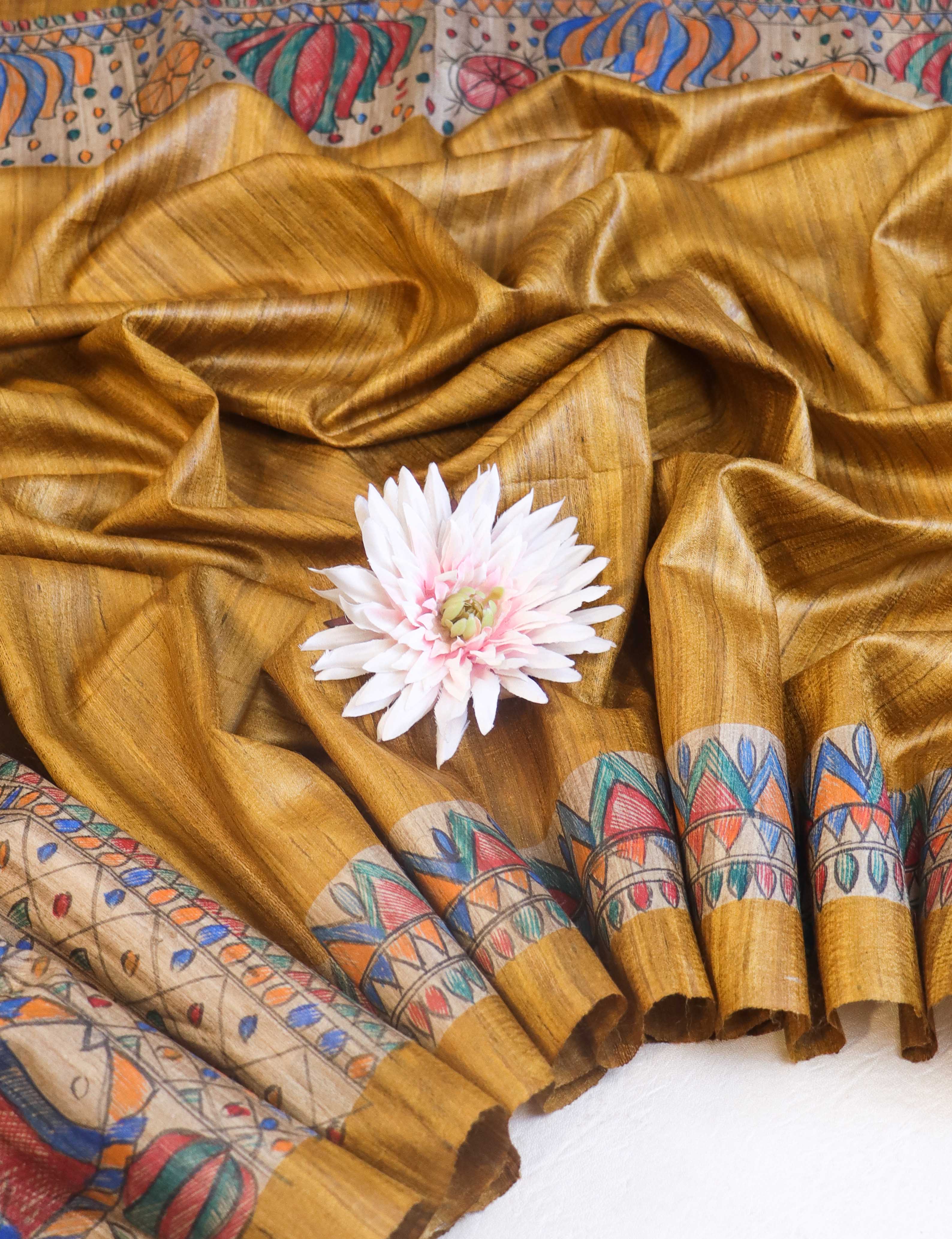 Bhagalpur Handloom Pure Tussar Silk Saree With Hand Block Painted Madhubani Design-Mustard Yellow