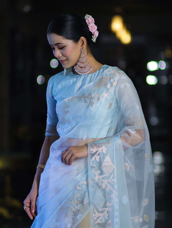Banarasee Dual Color Organza Mix Saree With Resham & Zari Work-Light Blue & White