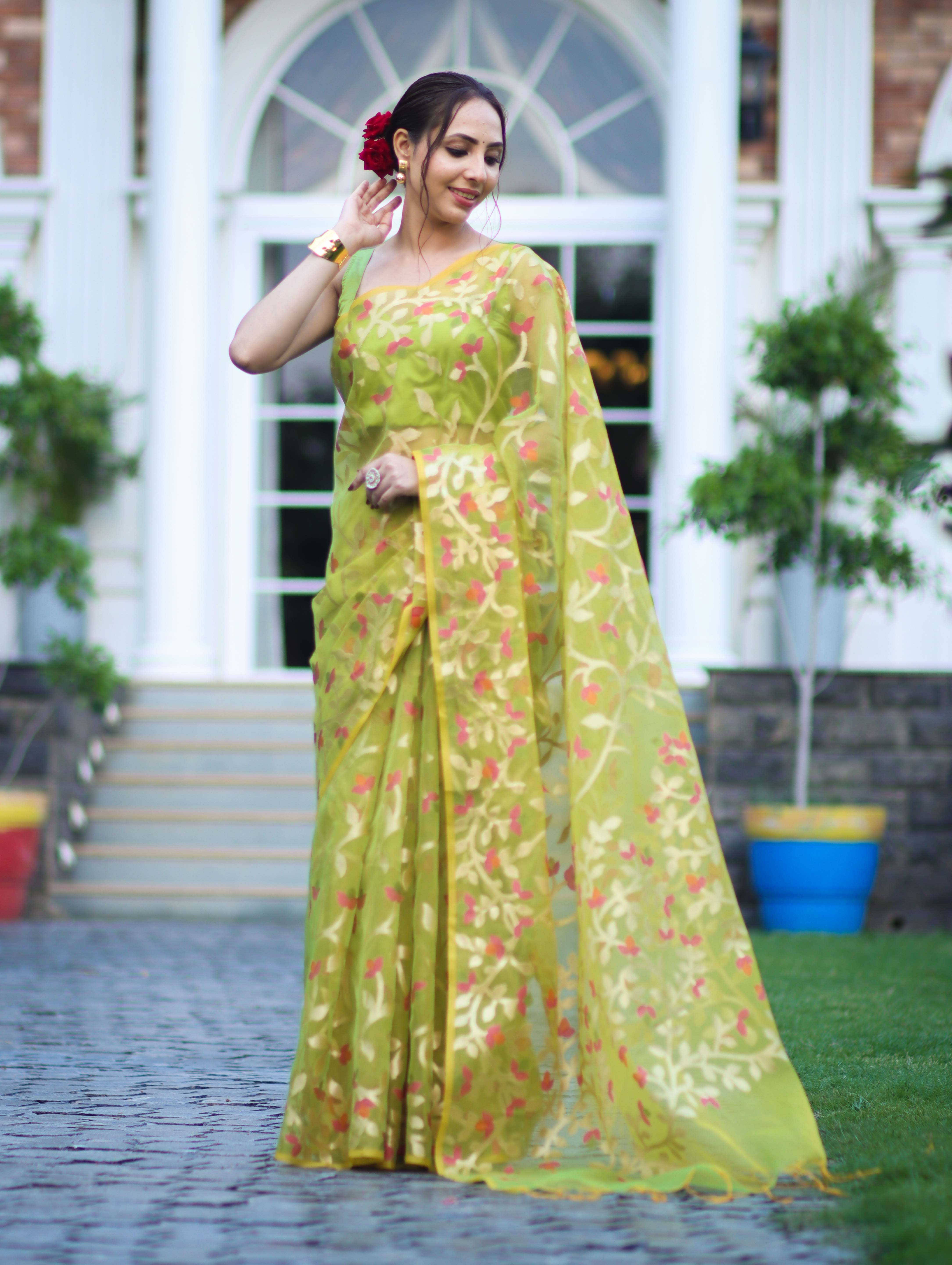 Banarasee Handloom Organza Mix Saree With Zari Woven Design-Light Green