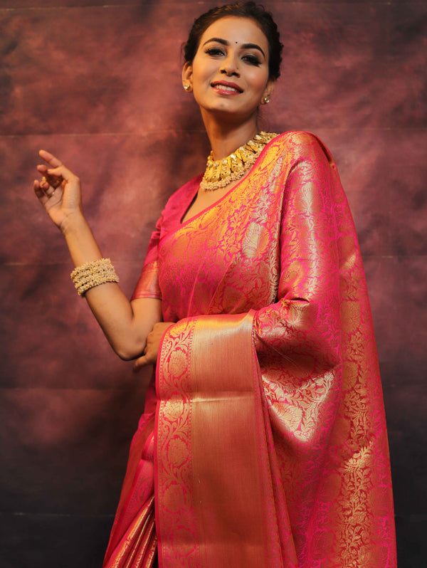 Banarasee Handwoven Semi Silk Saree With Heavy Zari Jaal Design-Pink