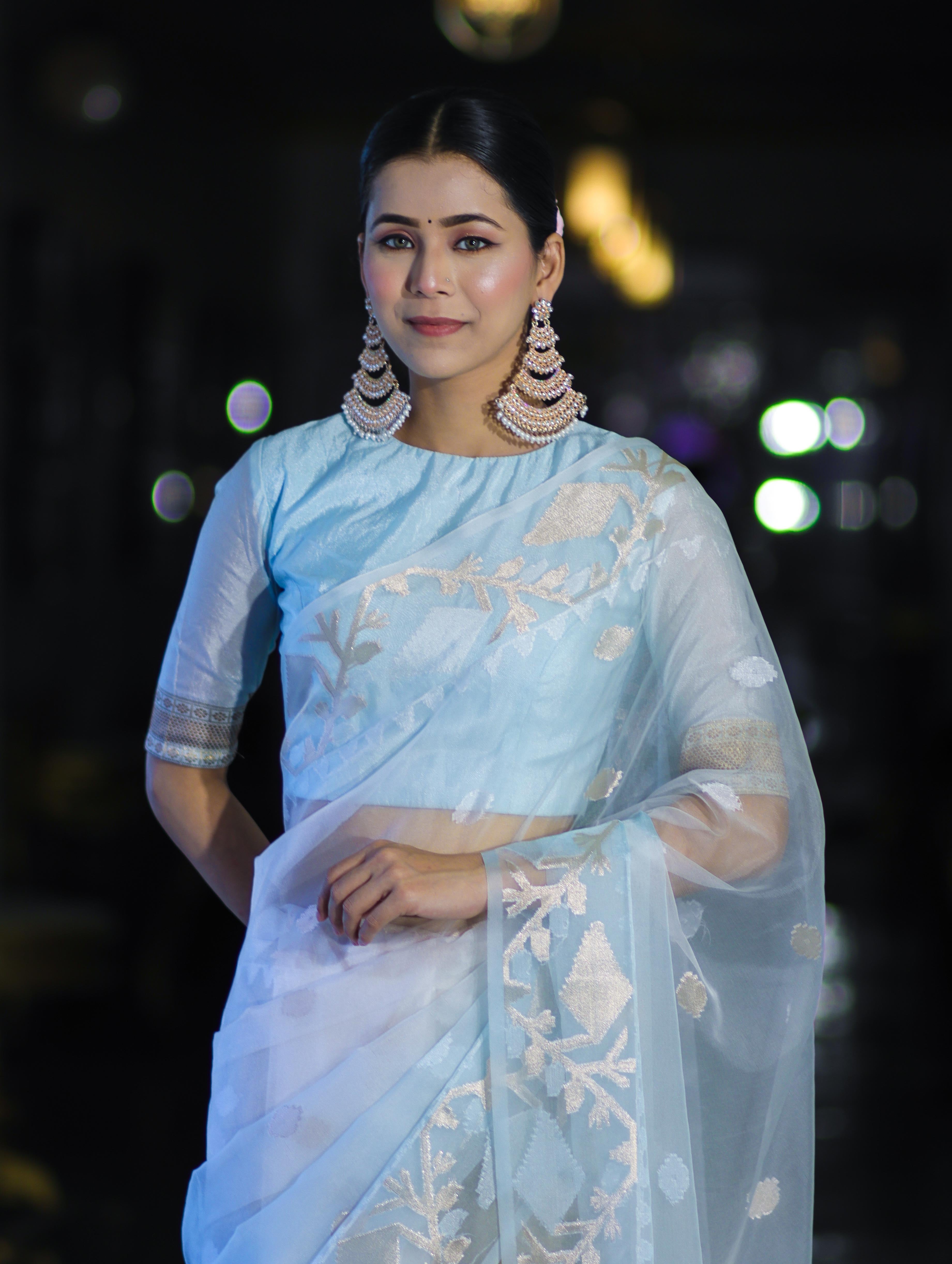 Banarasee Dual Color Organza Mix Saree With Resham & Zari Work-Light Blue & White