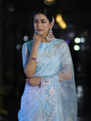 Banarasee Dual Color Organza Mix Saree With Resham & Zari Work-Light Blue & White
