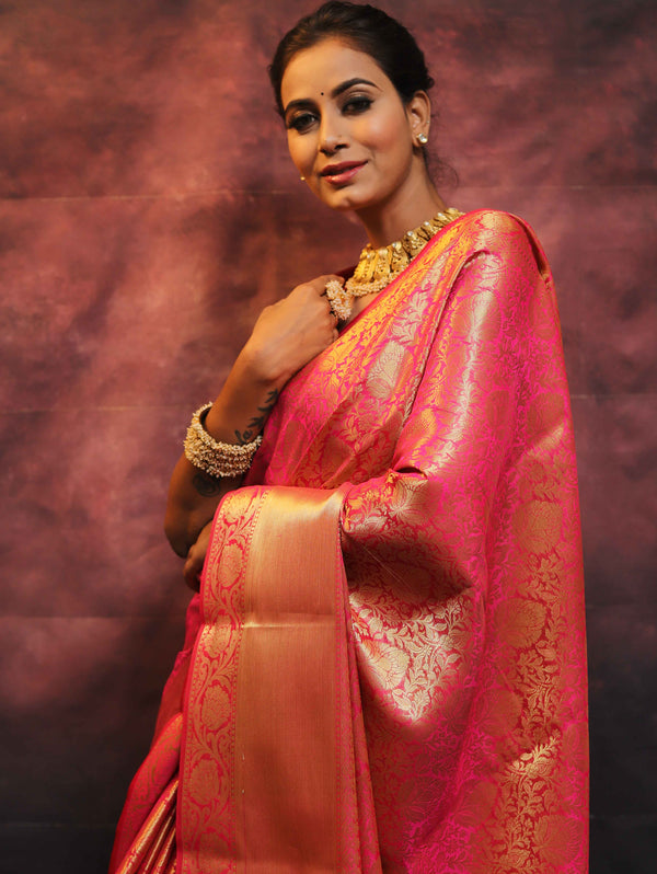 Banarasee Handwoven Semi Silk Saree With Heavy Zari Jaal Design-Pink