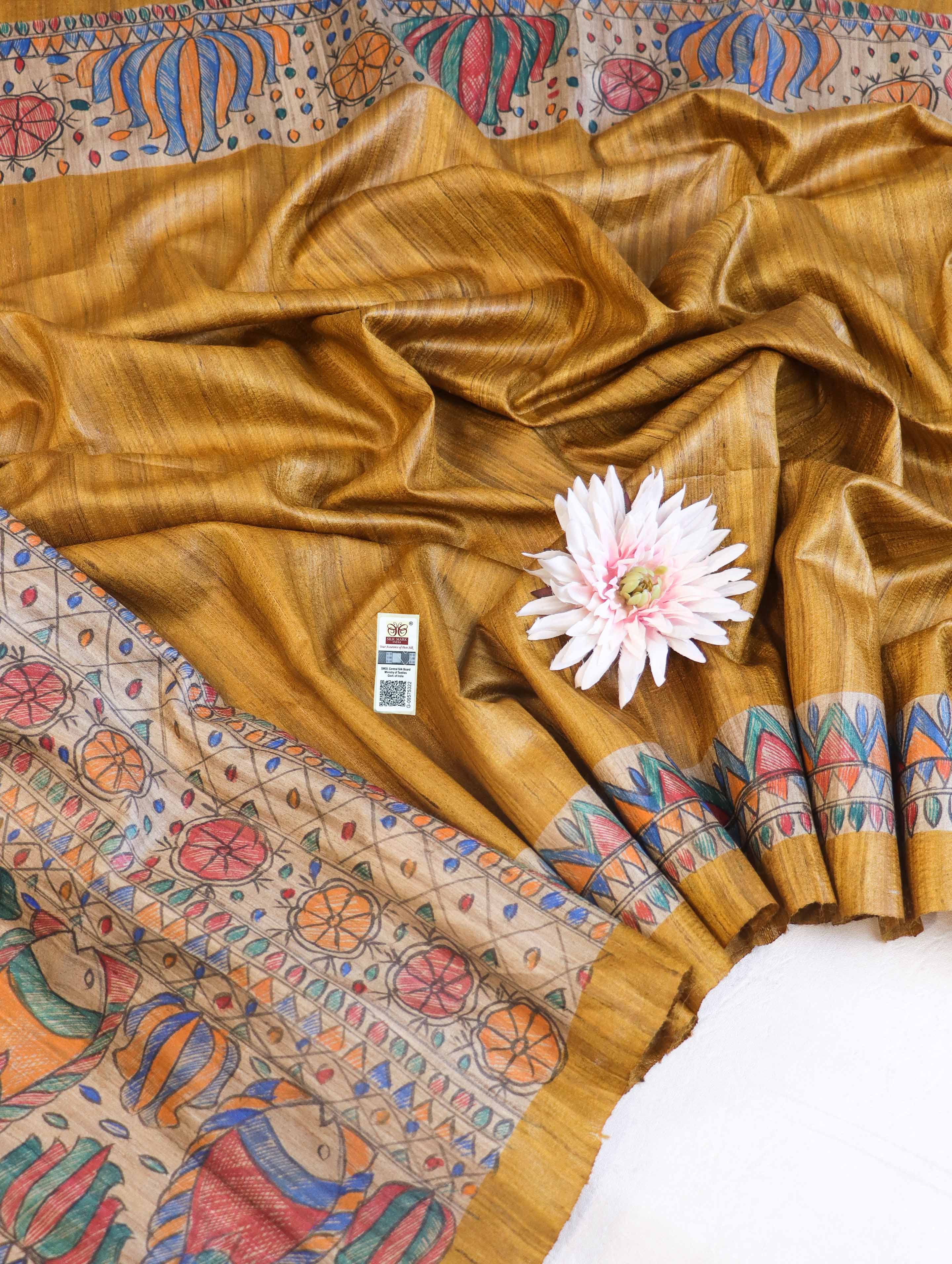 Bhagalpur Handloom Pure Tussar Silk Saree With Hand Block Painted Madhubani Design-Mustard Yellow