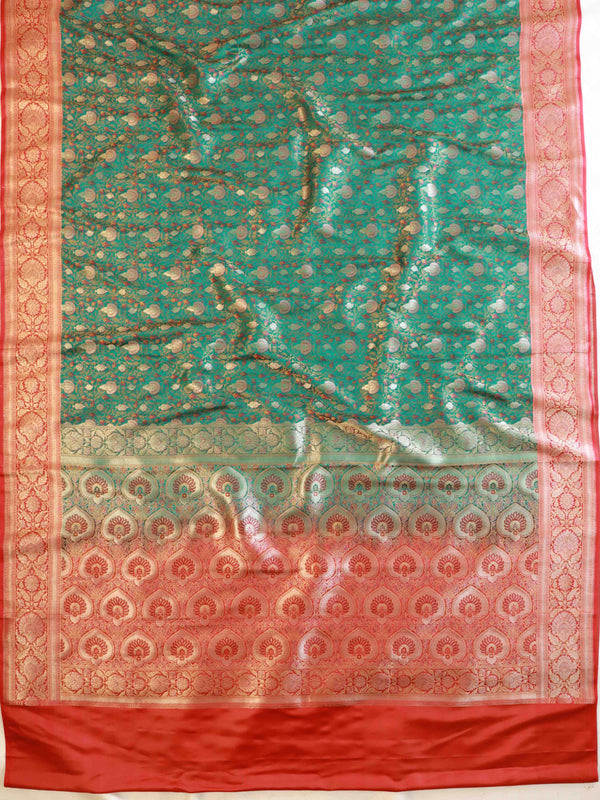 Banarasee Handwoven Semi-Katan Tanchoi Weaving Floral Border Saree-Green & Red