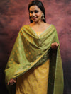 Banarasee Chanderi Cotton Salwar Kameez Set With Zari Work-Yellow & Green