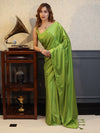 Banarasee Handloom Plain Mashru Silk Saree-Lime Green