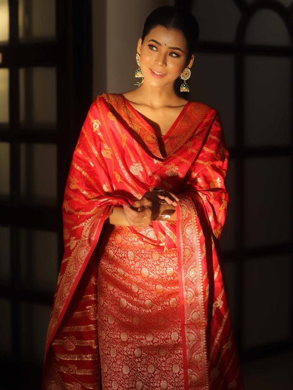 Banarasee Semi Katan Silk Salwar Kameez Fabric With Dupatta Zari Work-Red