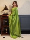 Banarasee Handloom Plain Mashru Silk Saree-Lime Green