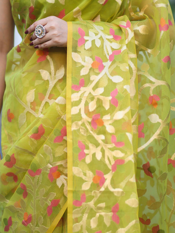 Banarasee Handloom Organza Mix Saree With Zari Woven Design-Light Green
