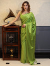 Banarasee Handloom Plain Mashru Silk Saree-Lime Green