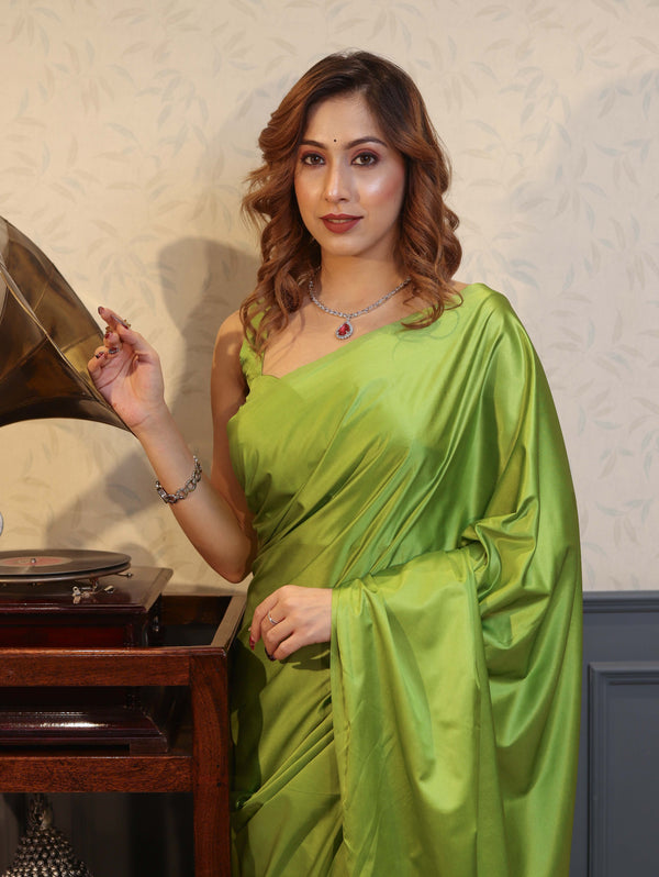Banarasee Handloom Plain Mashru Silk Saree-Lime Green