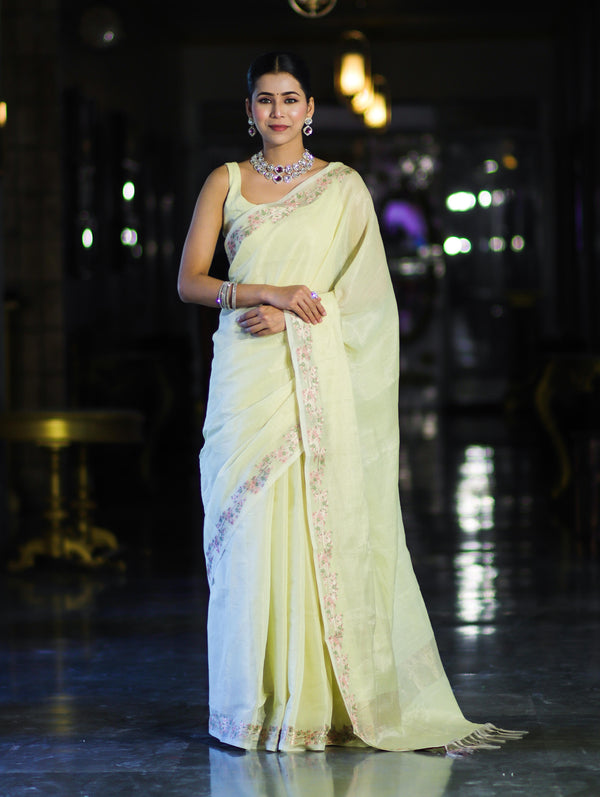 Banarasee Handloom Soft Tissue Shine Saree With Resham Floral Border-Light Yellow