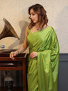 Banarasee Handloom Plain Mashru Silk Saree-Lime Green