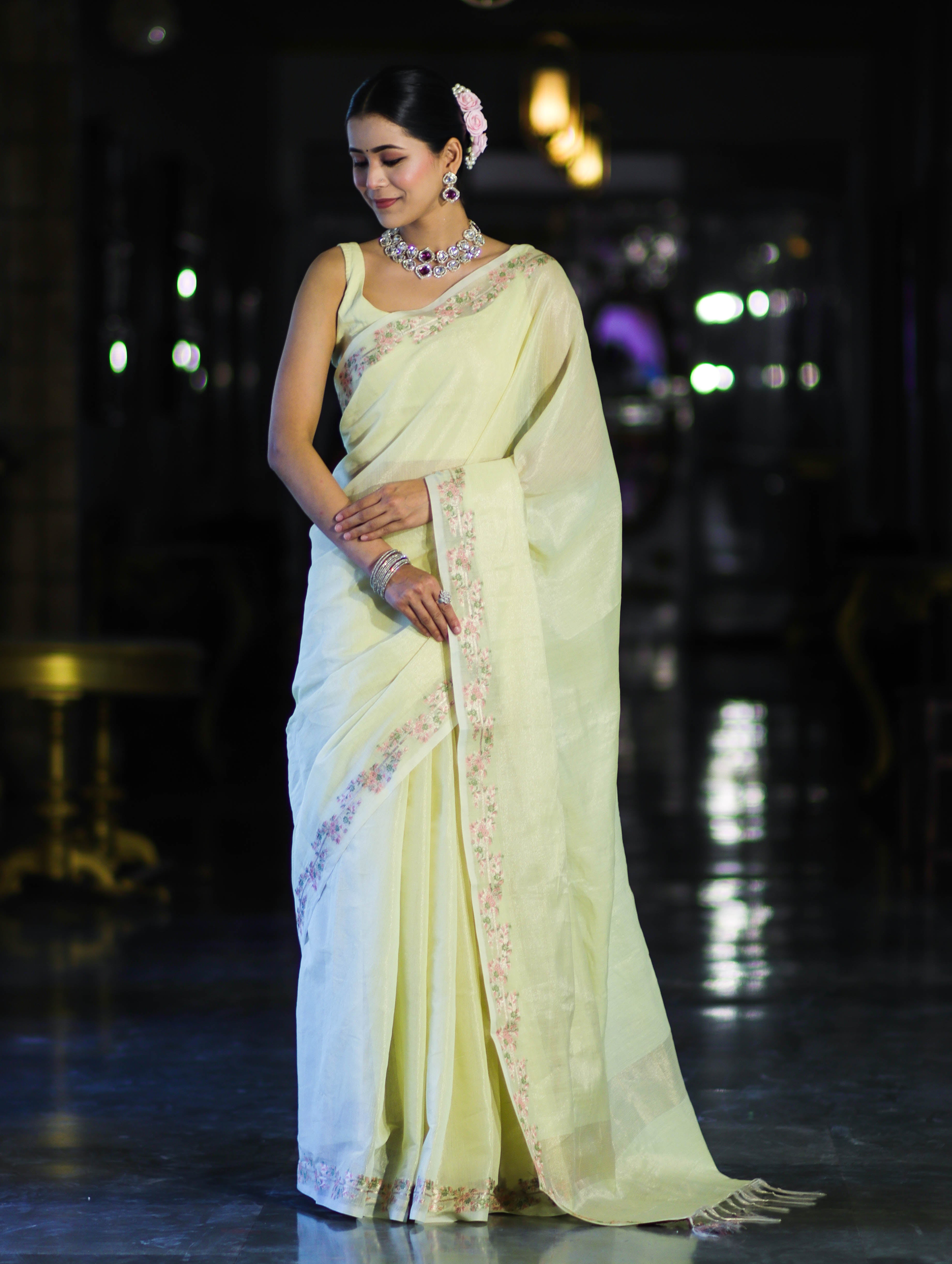 Banarasee Handloom Soft Tissue Shine Saree With Resham Floral Border-Light Yellow