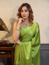 Banarasee Handloom Plain Mashru Silk Saree-Lime Green