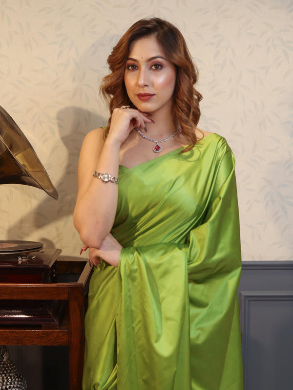Banarasee Handloom Plain Mashru Silk Saree-Lime Green