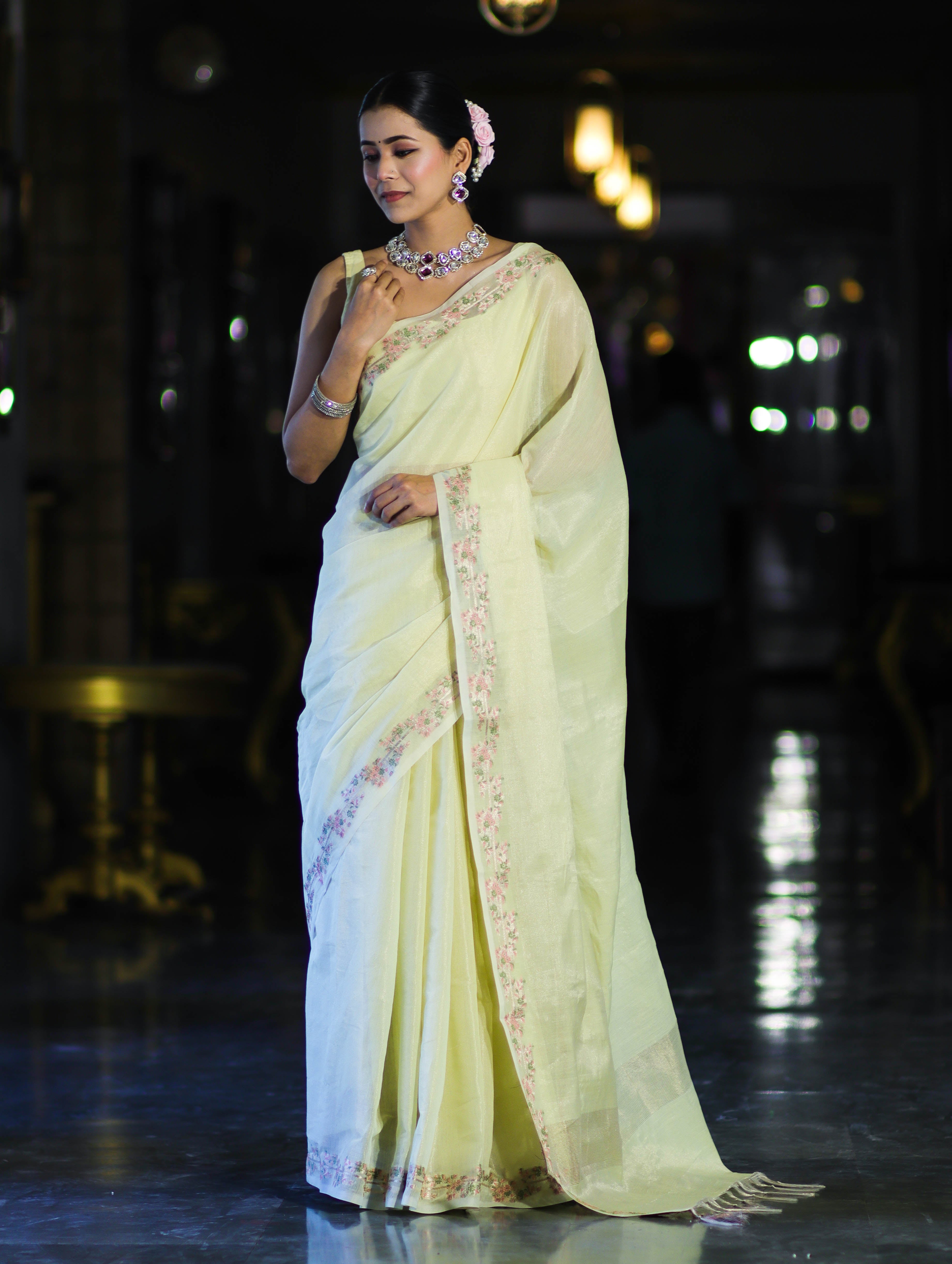 Banarasee Handloom Soft Tissue Shine Saree With Resham Floral Border-Light Yellow
