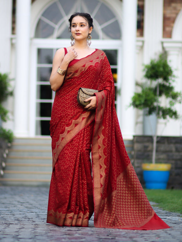 Banarasee Handwoven Georgette Saree With Zigzag Design & Antique Zari Work-Deep Maroon