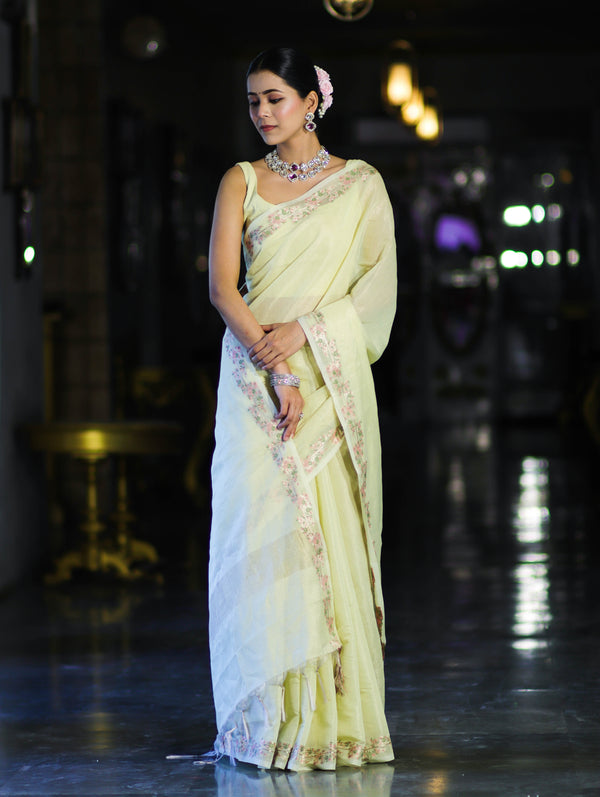 Banarasee Handloom Soft Tissue Shine Saree With Resham Floral Border-Light Yellow