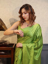 Banarasee Handloom Plain Mashru Silk Saree-Lime Green