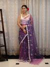 Banarasee Organza Mix Saree With Floral Embroidered Work & Satin Border-Violet
