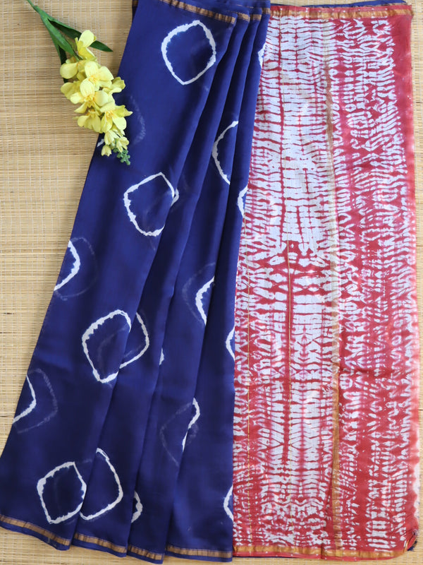 Banarasee Handloom Shibori Dyed Chanderi Saree-Blue & Red