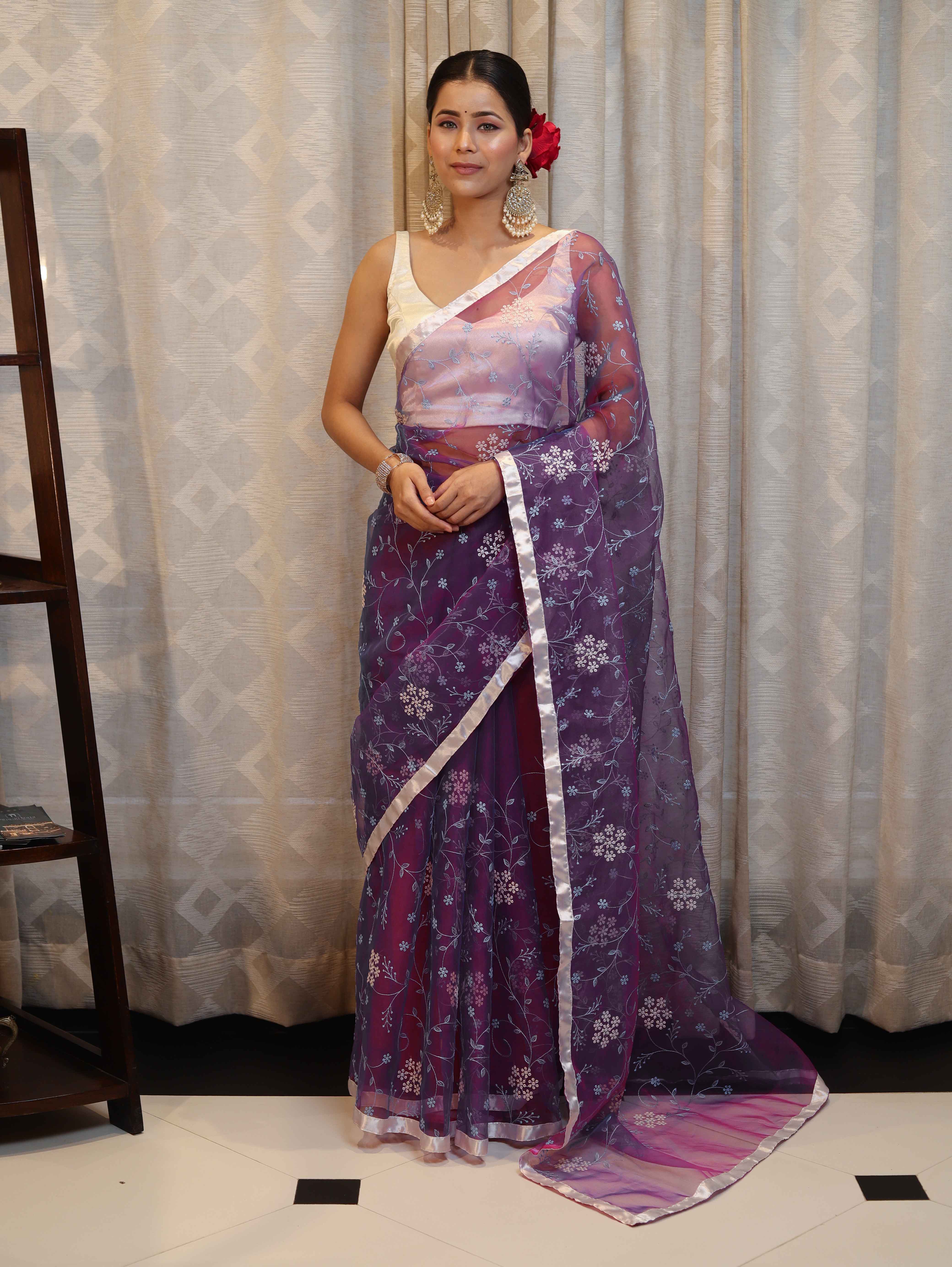 Banarasee Organza Mix Saree With Floral Embroidered Work & Satin Border-Violet