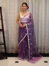 Banarasee Organza Mix Saree With Floral Embroidered Work & Satin Border-Violet