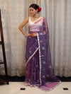 Banarasee Organza Mix Saree With Floral Embroidered Work & Satin Border-Violet